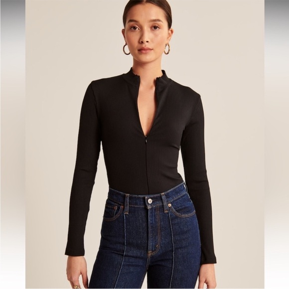 ✨Abercrombie & Fitch Rust Ribbed Bodysuit —Long Sleeve Zip Mock Neck Medium NWT✨ - Picture 6 of 7